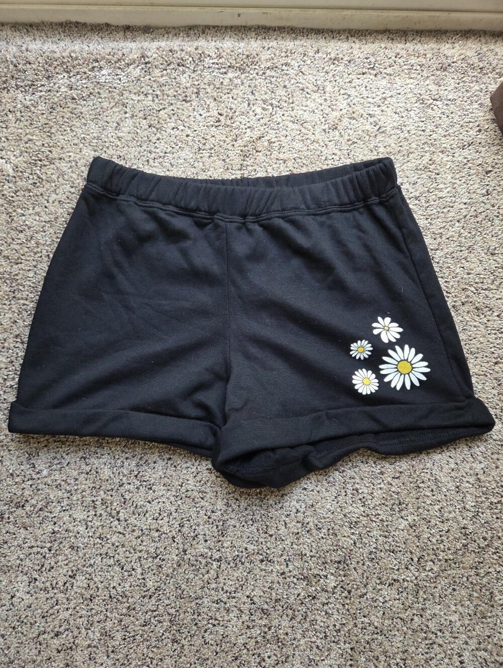 Cute Modern Lux Black Soft Cozy Shorts with White Daisy Graphic